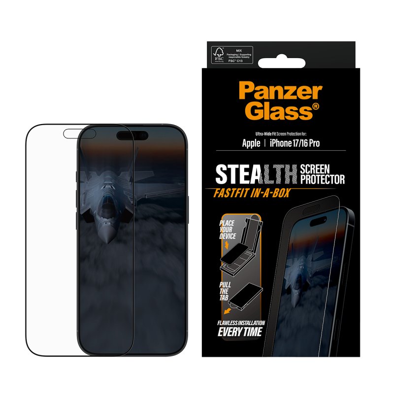 PanzerGlass Stealth Screen Protector w. Black Frame iPhone 17 | iPhone 16 Pro | Ultra-Wide Fit w. Fastfit in-a-box