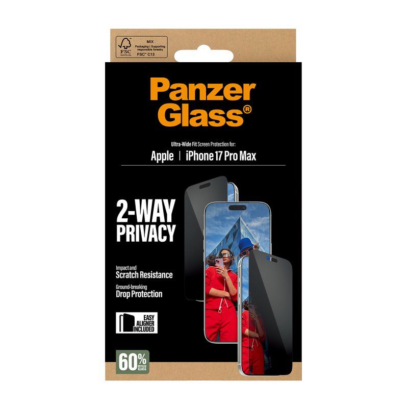 PanzerGlass 2-Way Privacy Screen Protector iPhone 17 Pro Max | Ultra-Wide Fit w. EasyAligner Protection d'écran