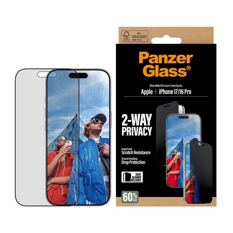 PanzerGlass 2-Way Privacy Screen Protector iPhone 17 | iPhone 16 Pro | Ultra-Wide Fit w. EasyAligner Protection
