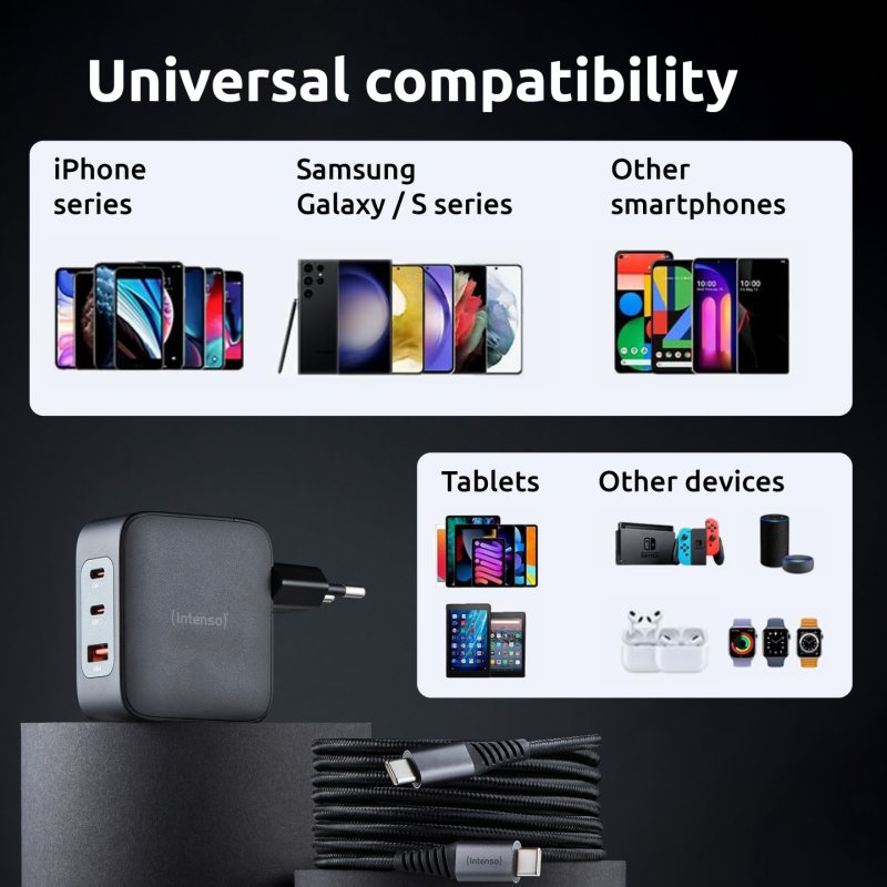 Intenso W100ACC C520C, Ensemble adaptateur secteur câble de charge, 100 W, charge rapide, technologie GaN, charge