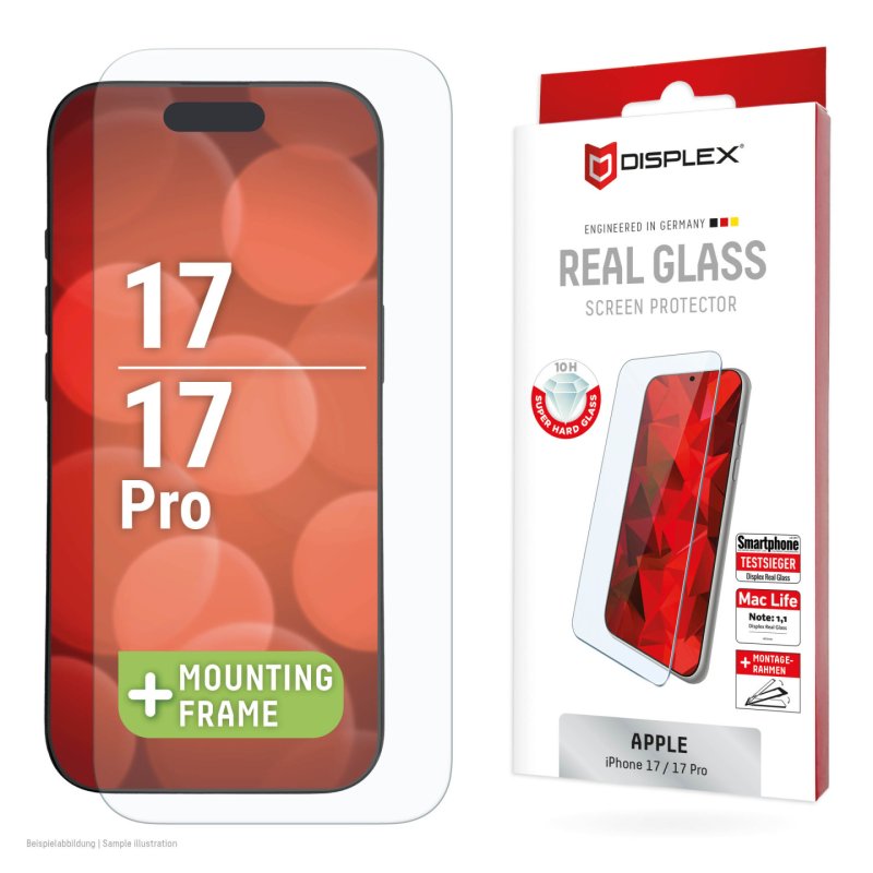 Displex Screen Protector (10H) for Apple iPhone 17/17 Pro, Eco Mounting Frame, scratch resistant