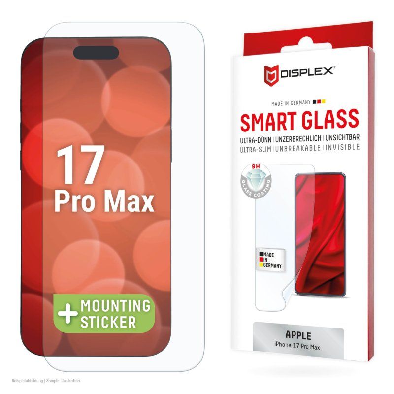 Displex Smart Glass (9H) for Apple iPhone 17 Pro Max, Mounting Sticker, unbreakable