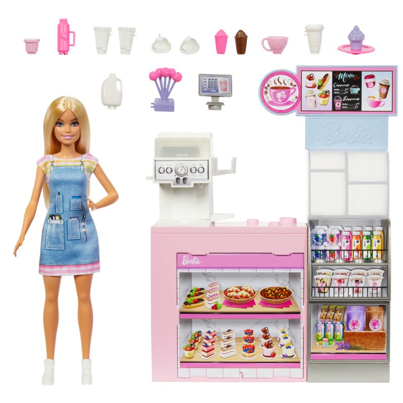Barbie Coffee Shop Playset with Blonde Barista Doll, Working Coffee Maker & 10 Accessories
