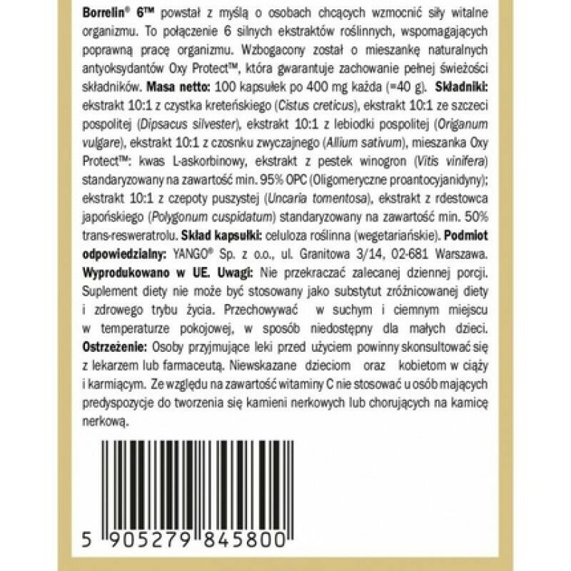 YANGO Borrelin 6 Lyme Borreliosis Support 100 Vegan Capsules