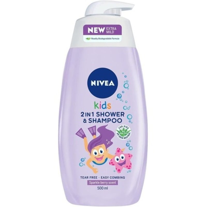 Nivea Kids Hair & Body Shampoo Sparkle Berry 500ml 3-in-1 for Children No-Tear