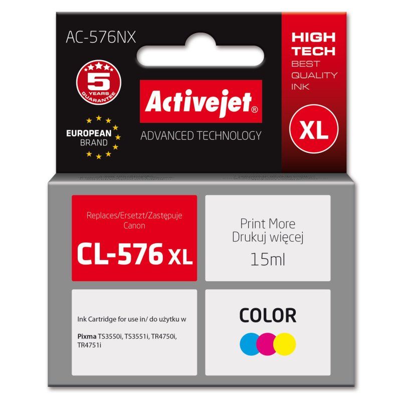 Activejet AC-576NX Canon printer ink, replacement Canon CL-576XL Supreme 15 ml colour: blue, yellow, red