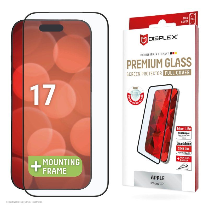 Displex Premium Screen Protector (Full Cover, 10H) for Apple iPhone 17, Eco Mounting Frame, Full Cover