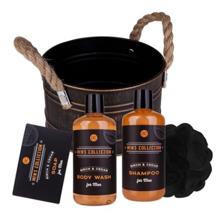 Accentra Men's Collection Gift Set in Tin Bucket with Body Wash, Shampoo, Soap, Sponge - Birch & Cedar Scent Brown