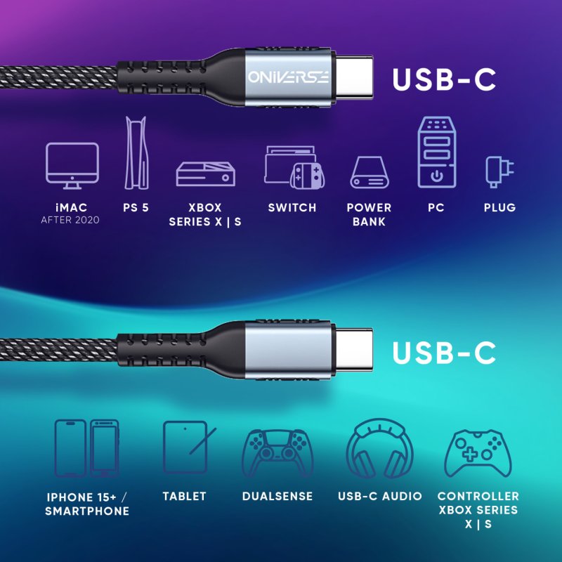 Oniverse Usb-C To Usb-C 100W Fast Charging Cable, 2 M - Black