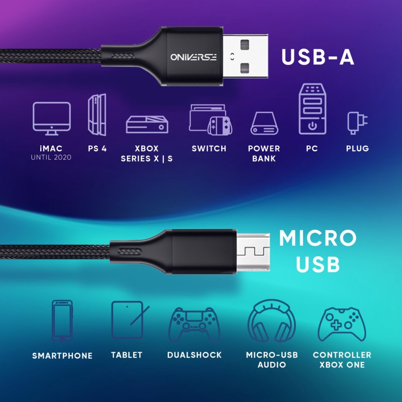 Oniverse USB-A to Micro-USB Charge Cable - 3 meters - Black (Multiplatform)