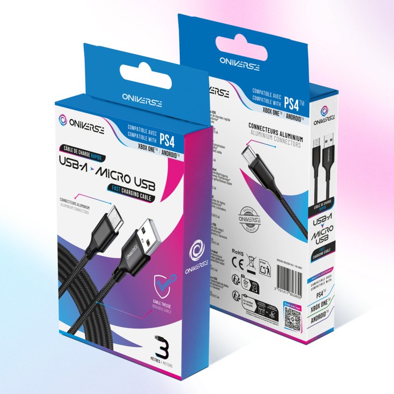 Oniverse Câble de charge tressé USB-A vers Micro-USB - 3 mètres - Noir (Multiplateforme)