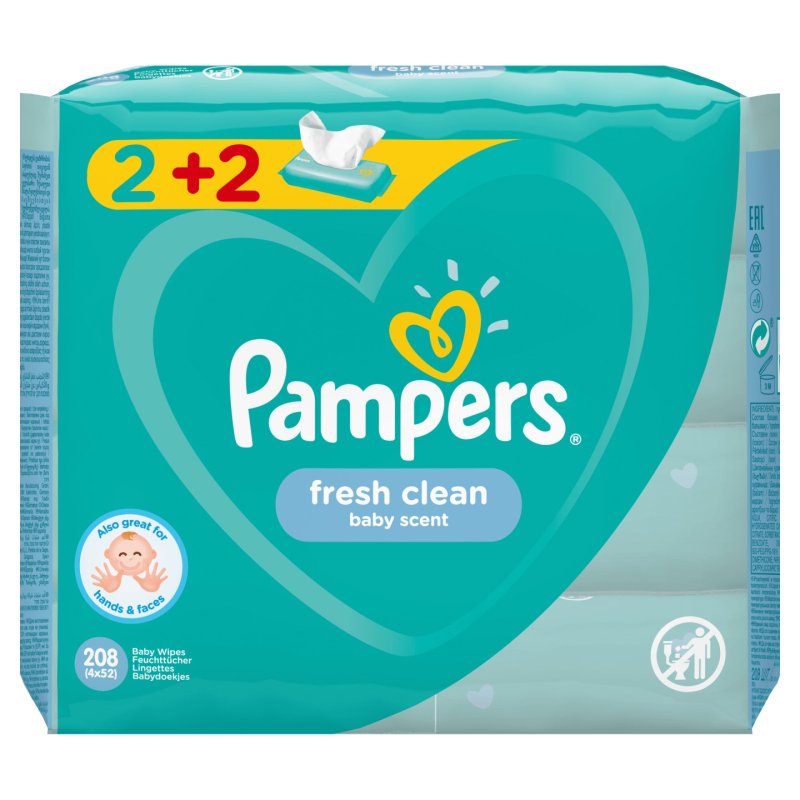 Pampers Fresh Clean Baby Wipes - 4 Packs Of 52 Wipes Each