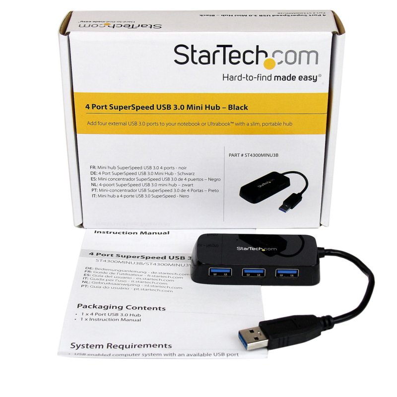 StarTech.com Portable 4 Port SuperSpeed Mini USB 3.0 Hub - Black~Portable 4 Port SuperSpeed Mini USB 3.0 Hub - 5Gbps -