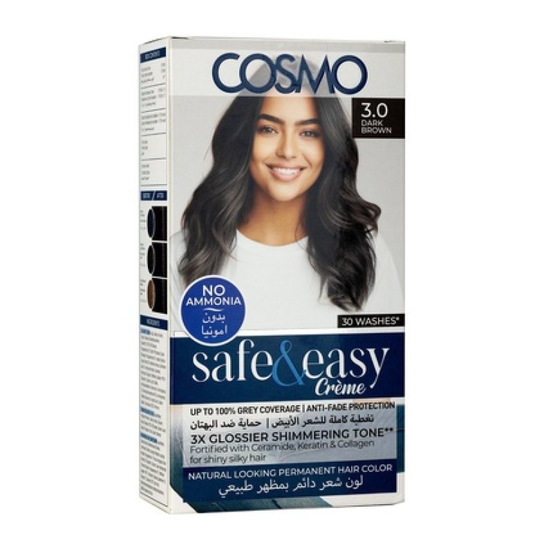 Cosmo Cosmetics Safe & Easy Cream No Ammonia Permanent Hair Color Kit Dark Brown 30