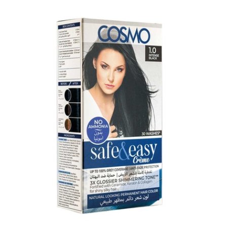Cosmo Cosmetics Safe & Easy Cream No Ammonia Permanent Hair Color Kit Intense Black 10