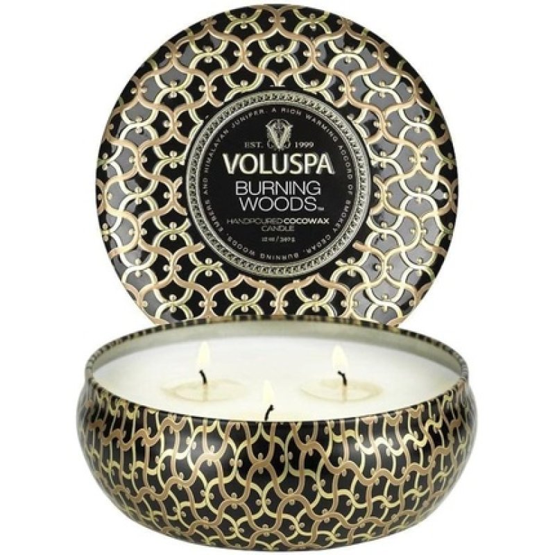 Voluspa Burning Woods 3 Wick Tin Candle Jar 12 Oz 40 Hour Burn Time