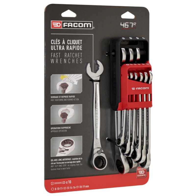 Facom 467BR.JP10PB 8mm - 19mm Rapid Reversible Ratchet Wrench Set With Holder (10 pc.)