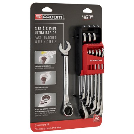 Facom 467BR.JP10PB 8mm - 19mm Rapid Reversible Ratchet Wrench Set With Holder (10 pc.)