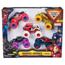 Monster Jam Marvel Heroes 5-Pack, Spider-Man, Black Panther, Iron Man, Captain America, Marvel Comics | Die-Cast