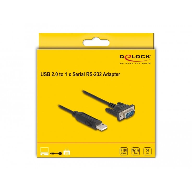 DeLOCK Adaptateur USB 2.0 à Serial RS-232 avec boitier de connecteur Serial compact 50 cm FTDI