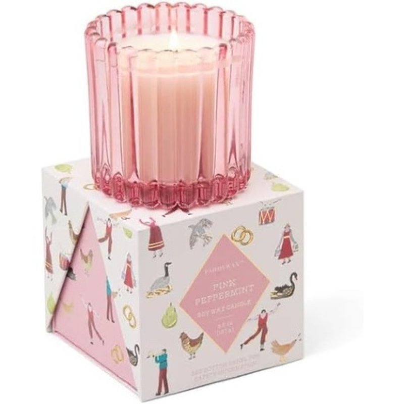 Paddywax Christmas Ribbed Glass Candle Pink Peppermint
