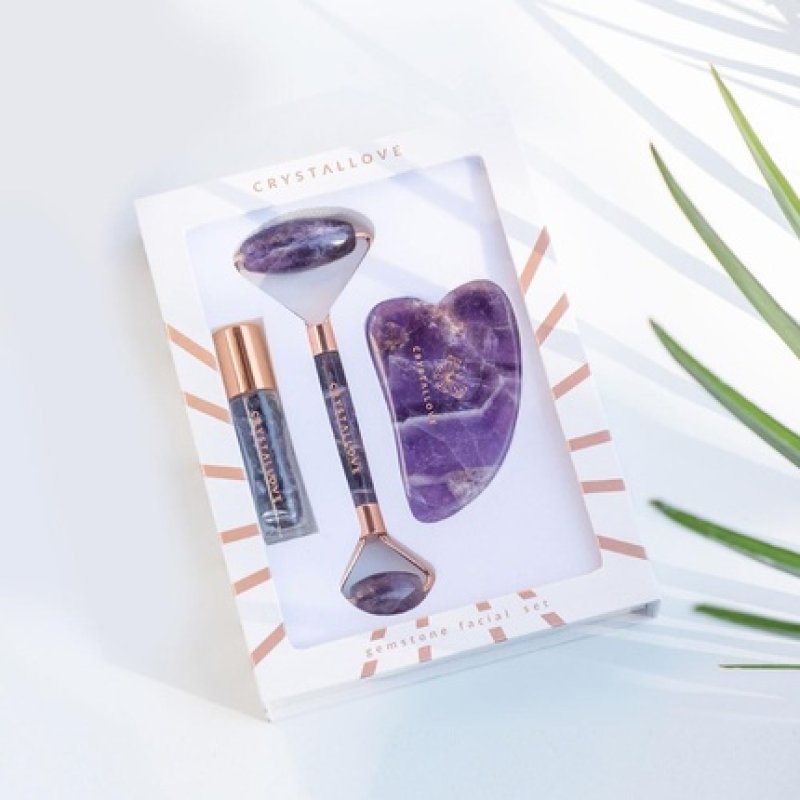 Crystallove Amethyst Facial Roller Set with Gua Sha Stone and Oil Crystals
