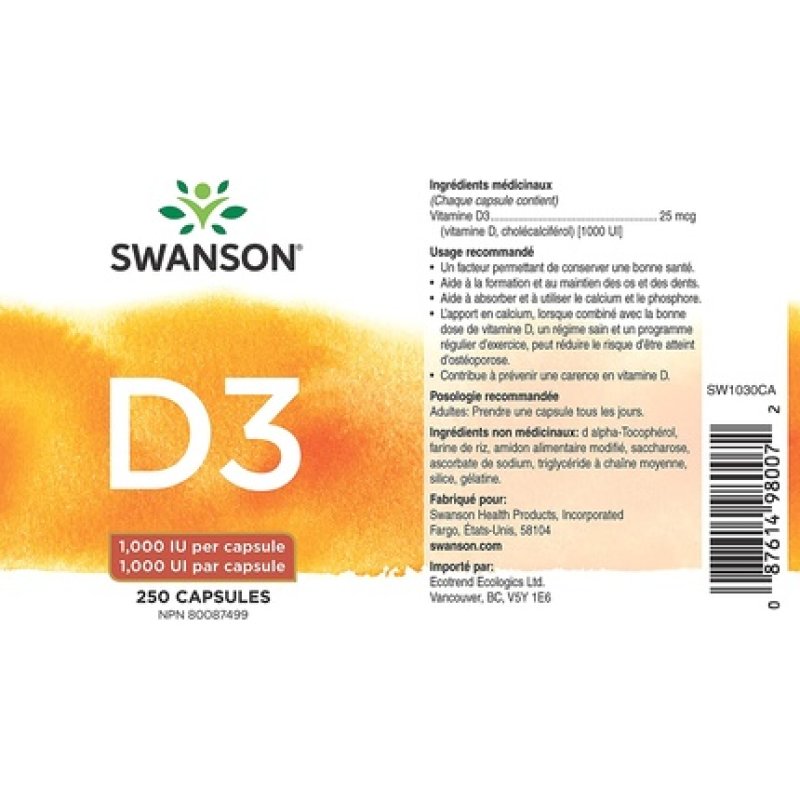 Swanson Vitamin D-3 1000 IU Bone Health Immune Support D3 Supplement 250 Capsules