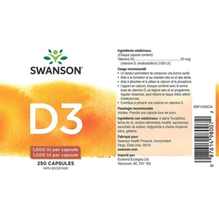 Swanson Vitamin D-3 1000 IU Bone Health Immune Support D3 Supplement 250 Capsules