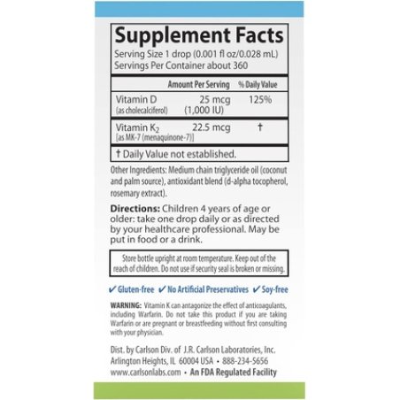 Carlson Kid's Super Daily D3 K2 25mcg 1000 IU D3 & 22.5mcg K2 Vitamin