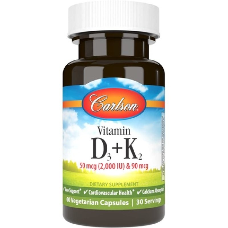 Carlson Vitamin D3 K2 Bone Support and Circulation Health 60 Capsules 50mcg/2000IU and 90mcg
