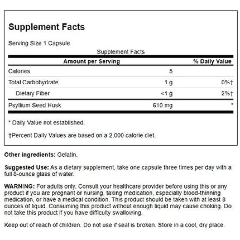 Swanson Psyllium Husk Digestive Weight Colon Health Dietary Fiber Supplement 610mg 300 Capsules