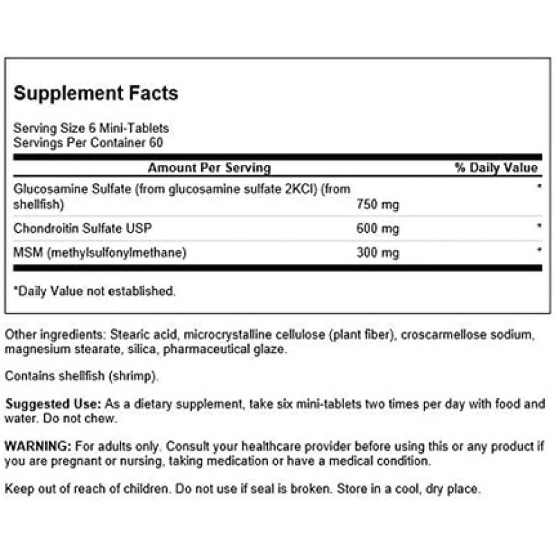 Swanson Mini-Tabs Glucosamine Chondroitin & MSM Joint Mobility Support 750/600/300mg - 360 Tablets Pack of 4