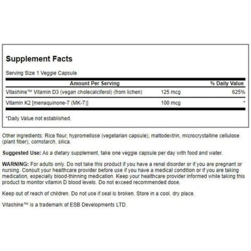 Swanson Extra Strength D3 & K2 5,000 IU & 100 mcg 60 Veg Caps - Pack of 2