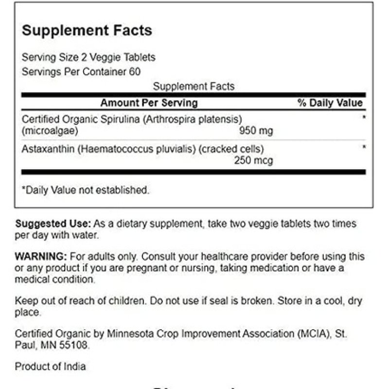 Swanson Organic Spirulina & Astaxanthin 120 Vegetarian Tablets
