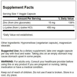 Swanson Premium Brand Zinc Gluconate & L-Lysine 2-In-1 Formula 90 Veg Caps