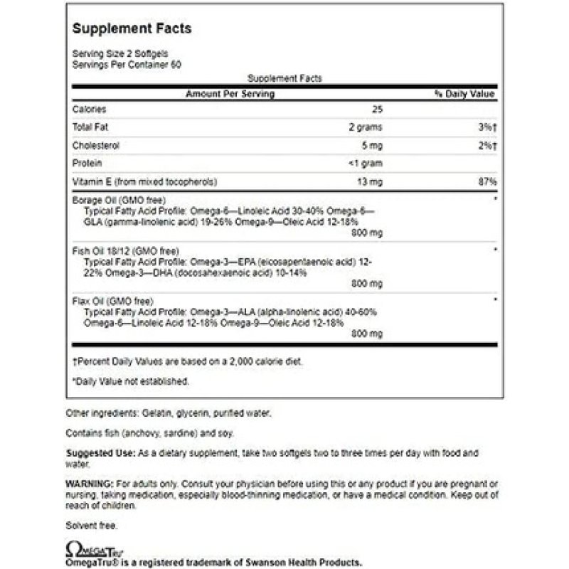 Swanson MultiOmega 3-6-9 Flax Borage Fish Oils 120 Softgels