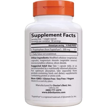 Doctor's Best L-Tryptophan from Tryptopure Veggie Caps Promotes Normal Healthy Restful Sleep 90 Count