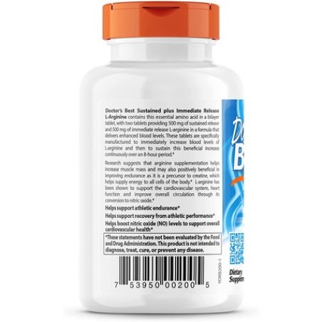 Doctor's Best Sustained Plus Immediate Release L-Arginine Non-GMO Vegan Gluten & Soy Free 500mg 120 Count