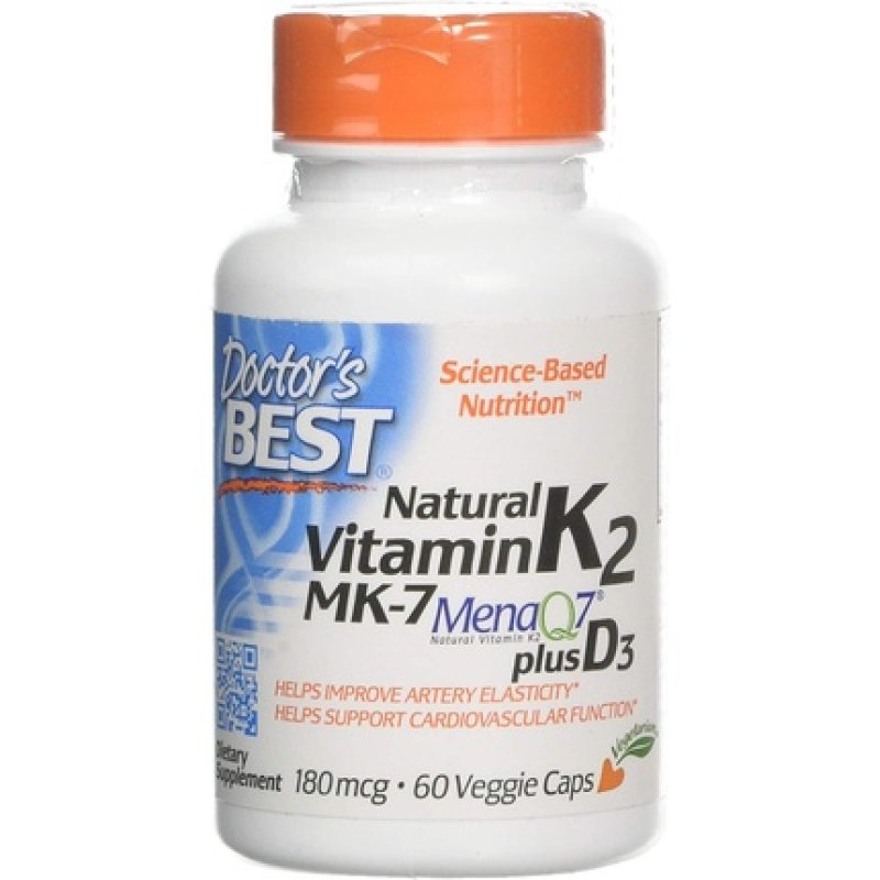 Doctor's Best Natural Vitamin K2 MK7 with MenaQ7 plus D3 Capsules 60 Count 180mg