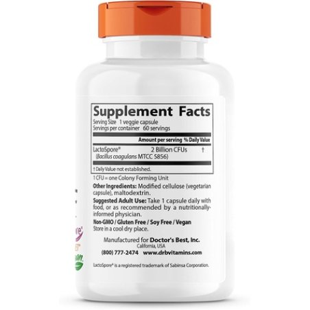 Doctor's Best Digestive Health Probiotic 2 Billion with Lactospore 60 Veggie Caps