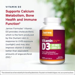 Jarrow Formulas Vitamin D3 1000 IU Bone Health Immune Function & Calcium Metabolism Support 200 Softgels