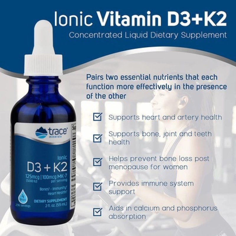 Trace Minerals Liquid Ionic Vitamin D3 K2 Concentrated Dietary Supplement 2 fl oz - 296 Servings