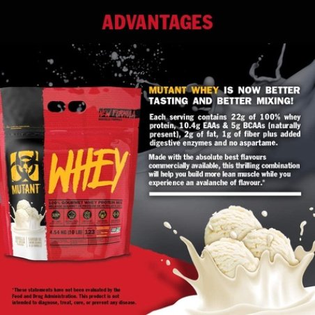 Mutant Whey 100% Whey Protein Powder Gourmet Taste 22g of Protein 10.4g EAAs 5g BCAAs Fast Absorbing Easy Digesting
