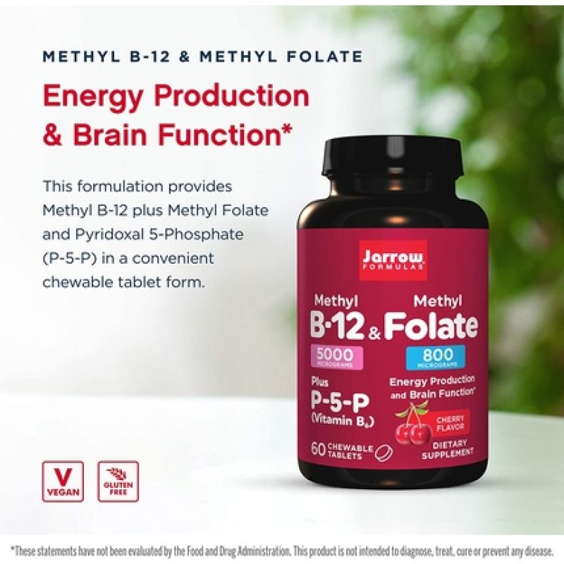 Jarrow Formulas Methyl B-12 & Methyl Folate Cherry Chewable Tablets 60 Count
