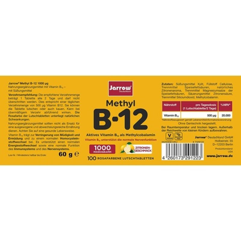 Jarrow Methyl B12 1000mcg Active Vitamin B12 as Methylcobalamin 60 Lozenges 500mcg