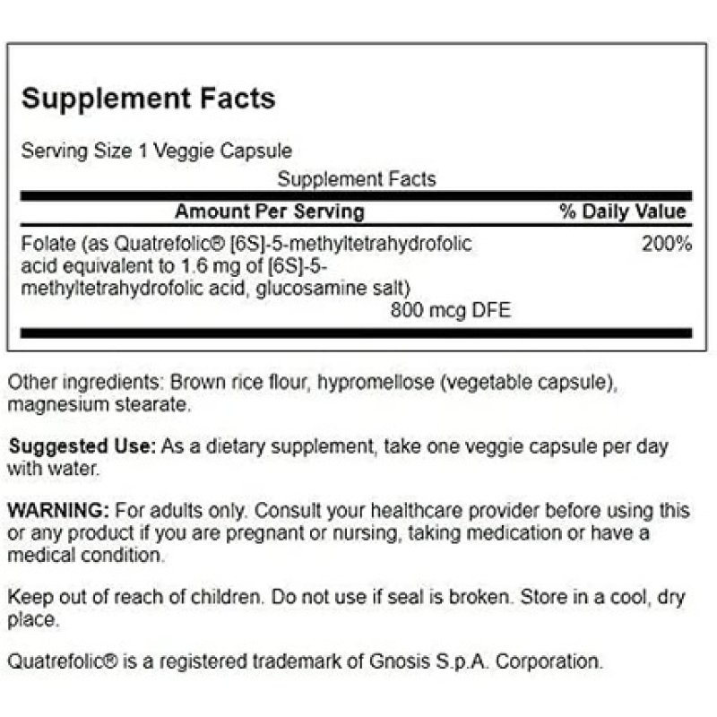 Swanson Folate 5-Methyltetrahydrofolic Acid High Potency Bioactive Form 800mcg Dfe 30 Veg Caps - Pack of 3