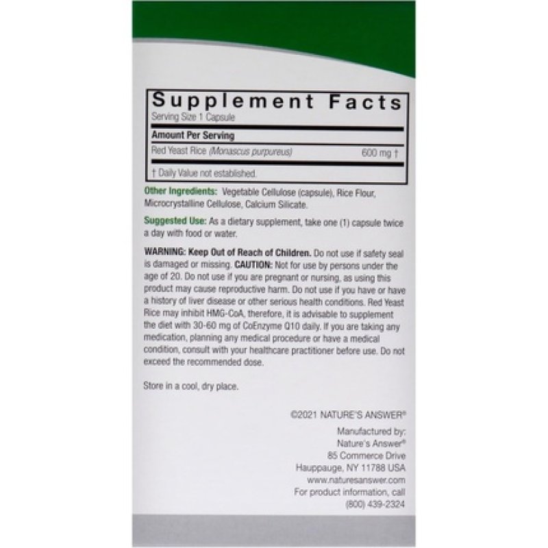 Nature's Answer Red Yeast Rice Herbal Supplement Vegetarian Capsules 90 Count