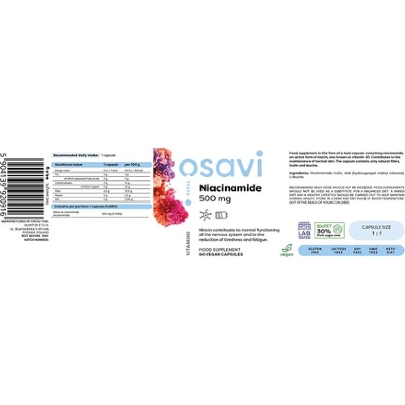 Osavi Niacinamide 500mg Vegan Capsules 60 Count