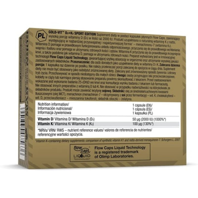 Olimp Gold VIT D3 K2 Sport Edition 2000 IU Vitamin D3 and 100mcg Vitamin K2 MK-7 60 Flow Capsules