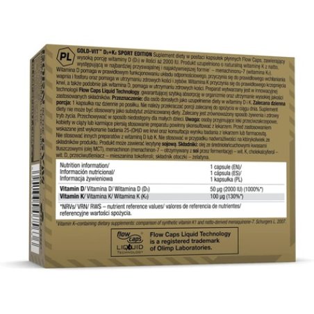 Olimp Gold VIT D3 K2 Sport Edition 2000 IU Vitamin D3 and 100mcg Vitamin K2 MK-7 60 Flow Capsules